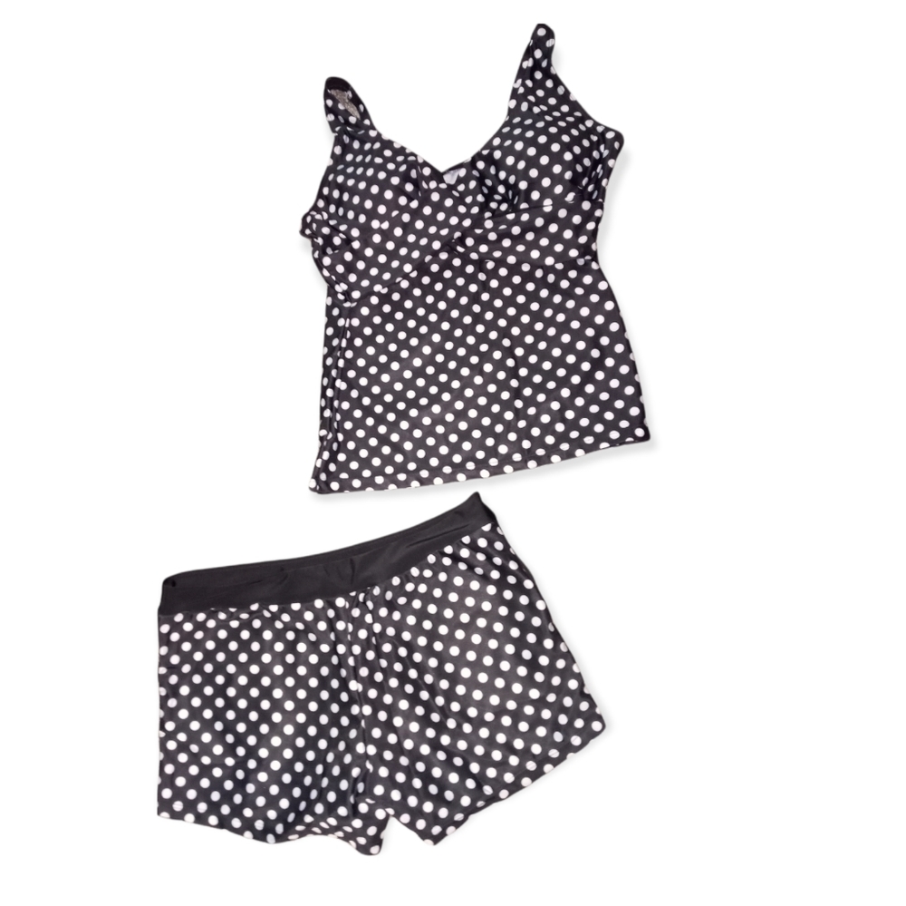 New Black and White polka dot swimsuit with swim bottom shorts size medium